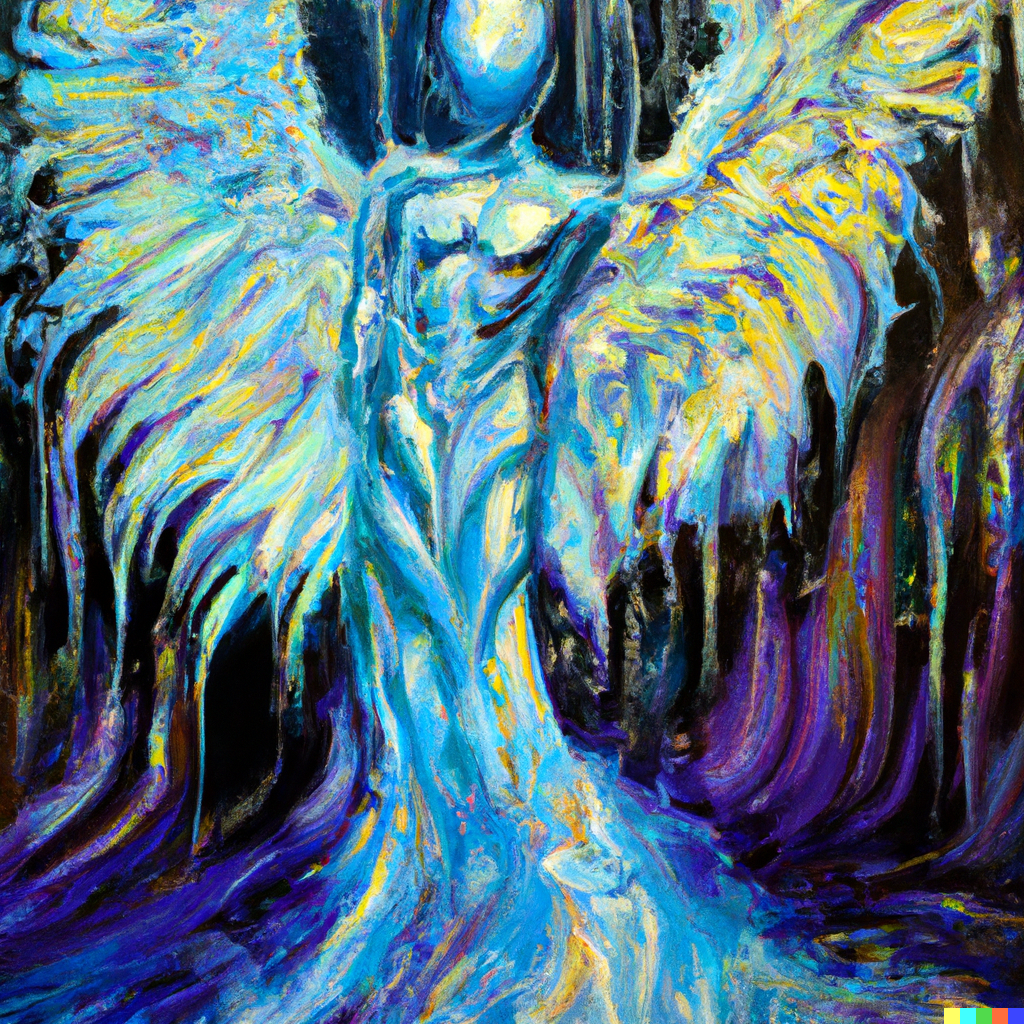 DALL·E 2022 08 06 02.25.22 a cyborg with angel wings rises from a sea of cascading rivulets of fractal colors in a highly detailed and beautiful oil painting