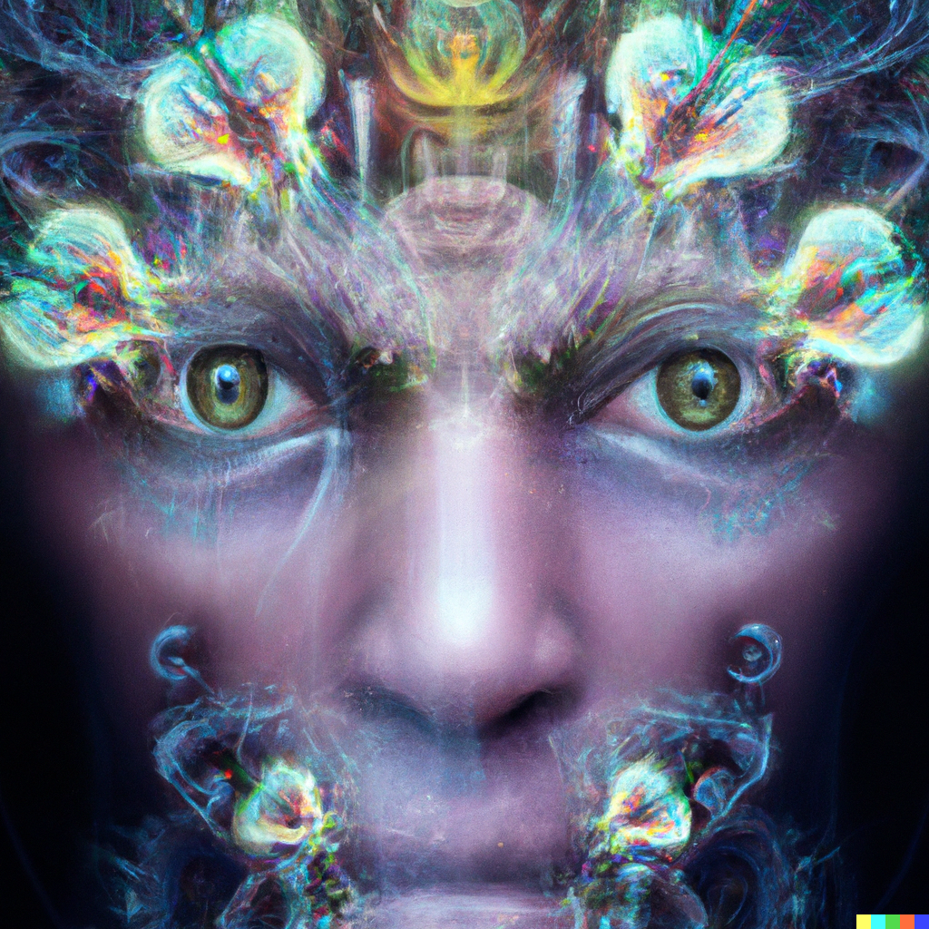 DALL·E 2022 08 06 23.12.53 The most detailed and amazingly realistic photo of a face of the most interesting mesmerizing cyborg surrounded by fractals of imaginative colors of f